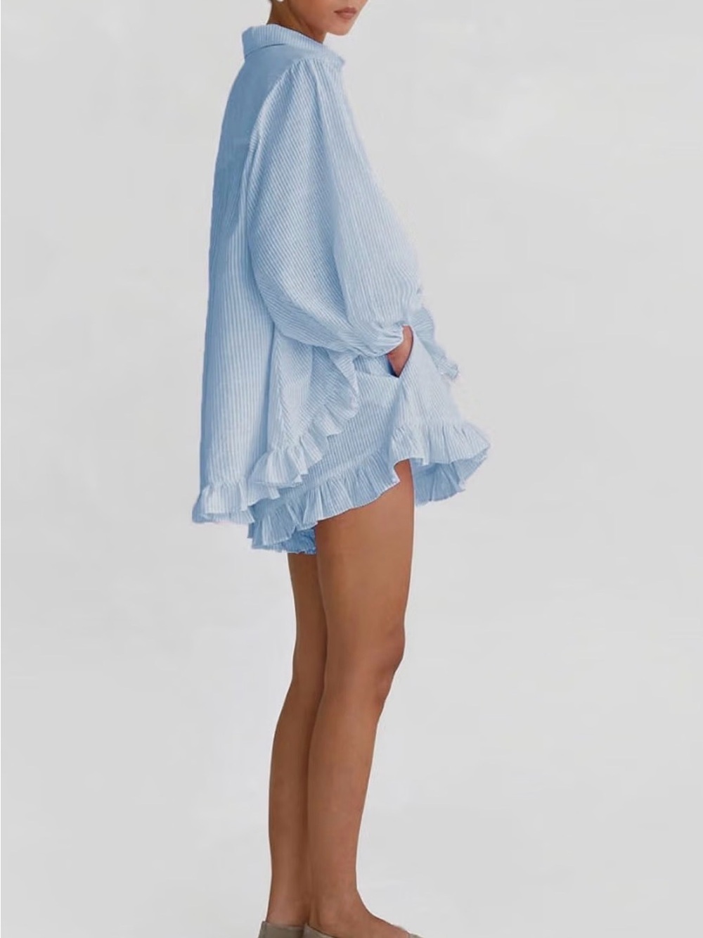 Light Blue Striped Ruffle Button-Down Set - Picture 3 of 3